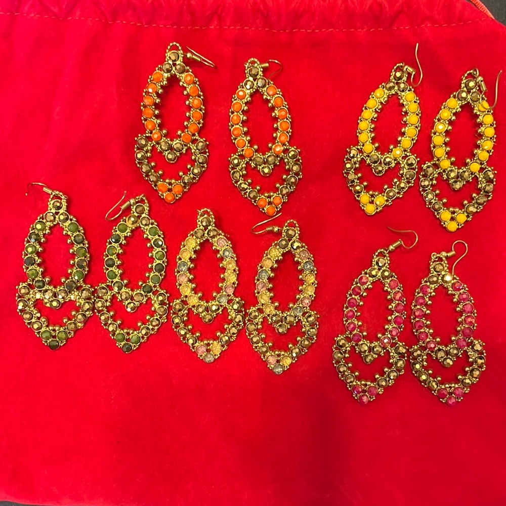 Five pairs of sassy jones Malia dangles. Tangerine, yellow, green, unicorn, pink